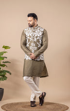 Olive Floral Vest & Kurta Set