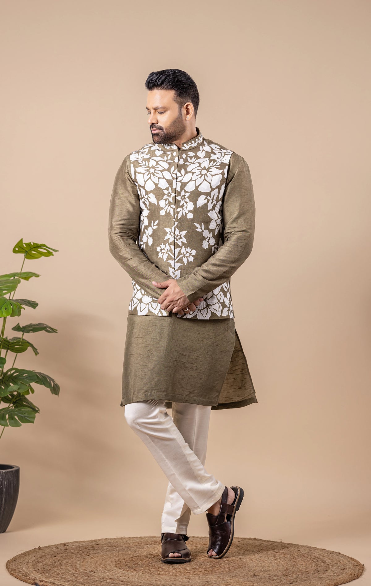 Olive Floral Vest & Kurta Set