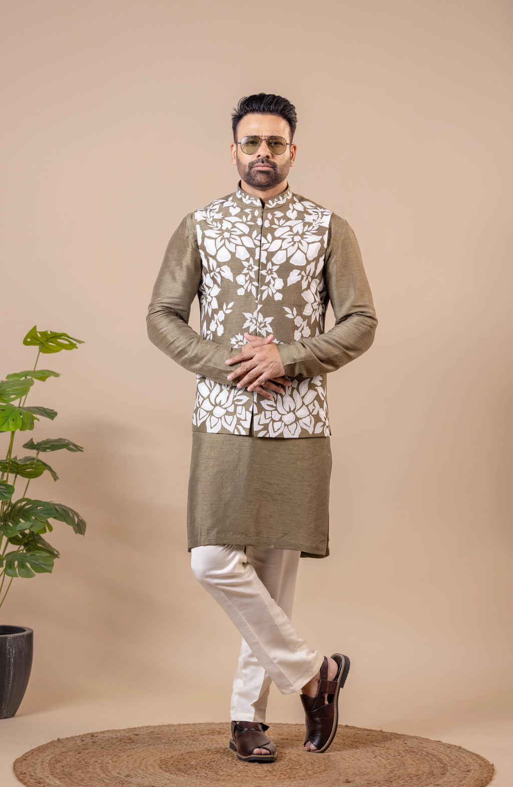 Olive Floral Vest & Kurta Set
