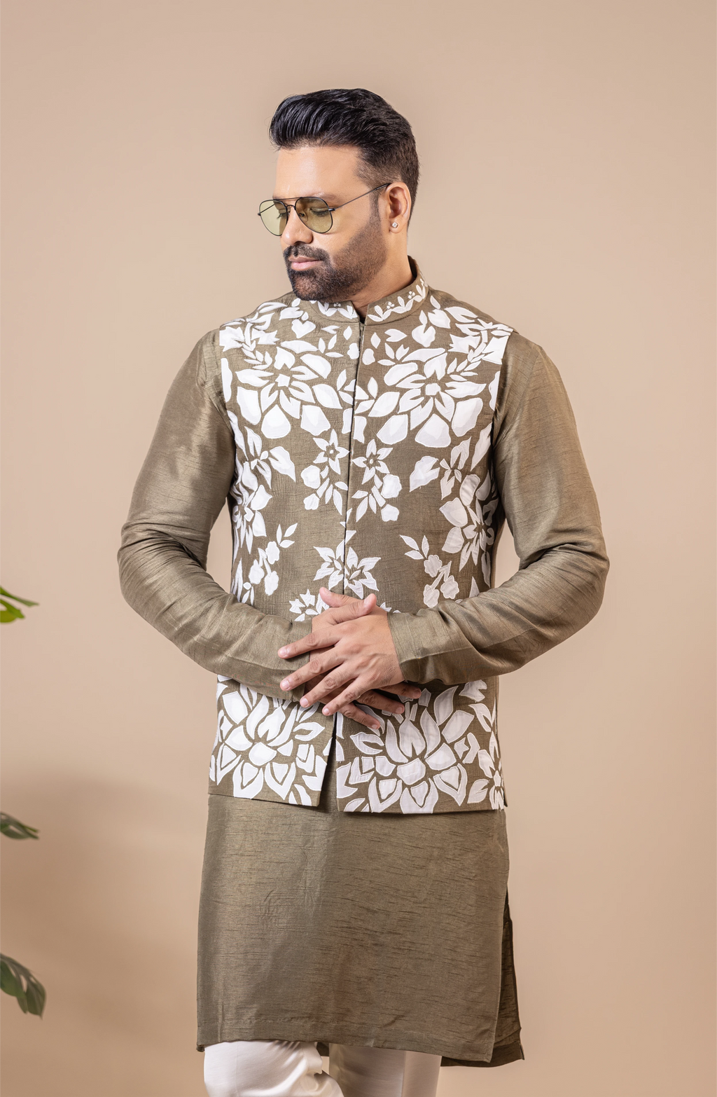 Olive Floral Vest & Kurta Set
