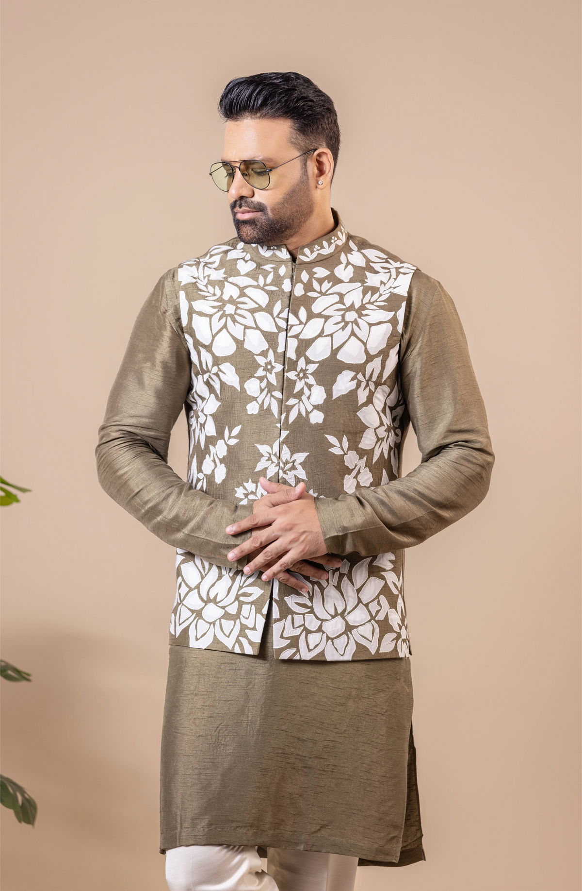 Olive Floral Vest & Kurta Set