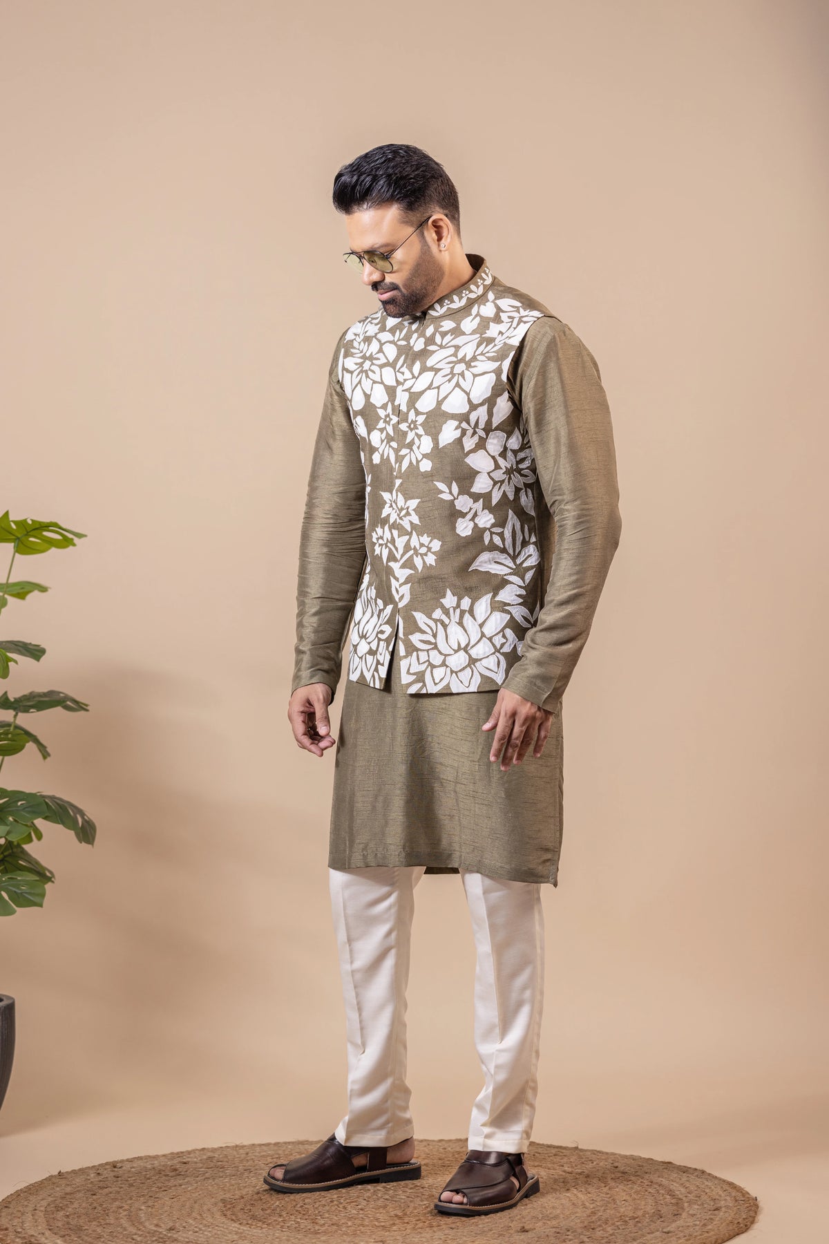 Olive Floral Vest & Kurta Set