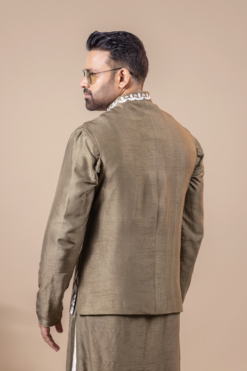 Olive Floral Vest & Kurta Set