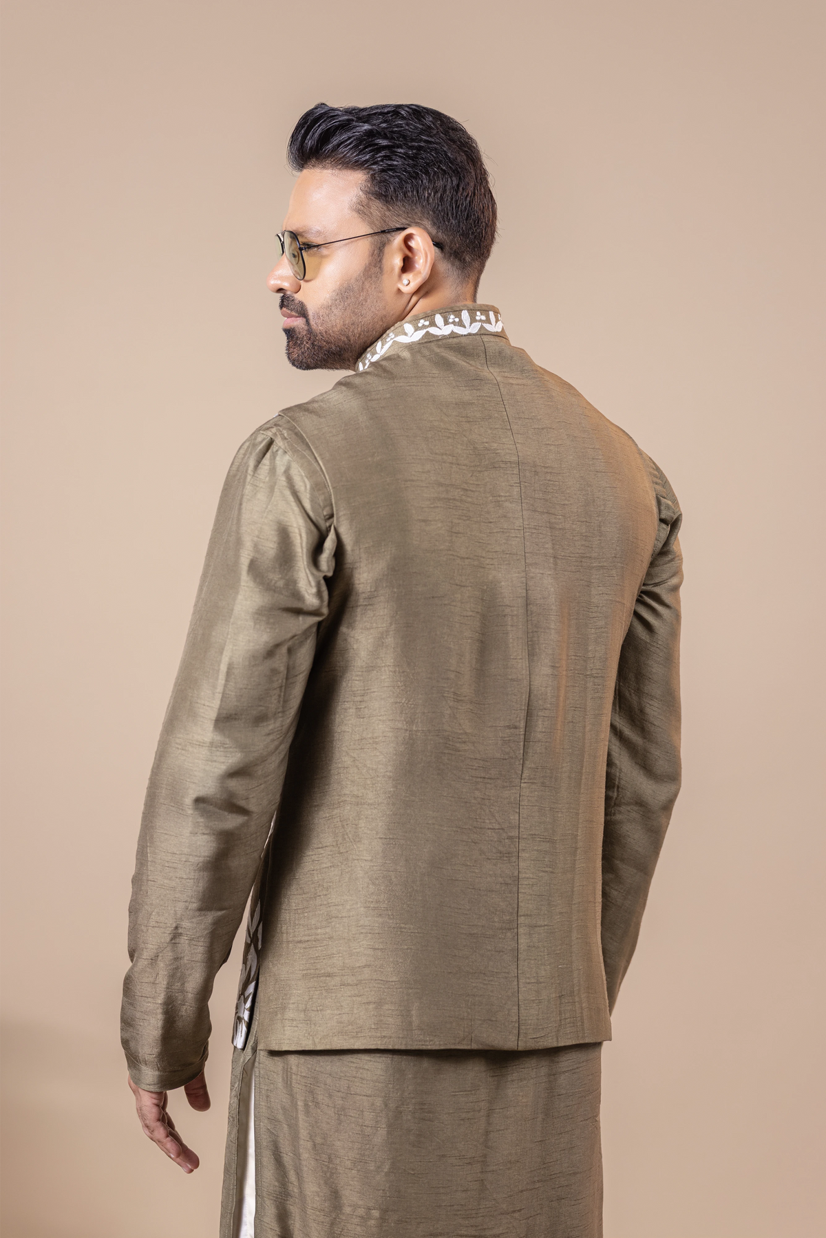 Olive Floral Vest & Kurta Set