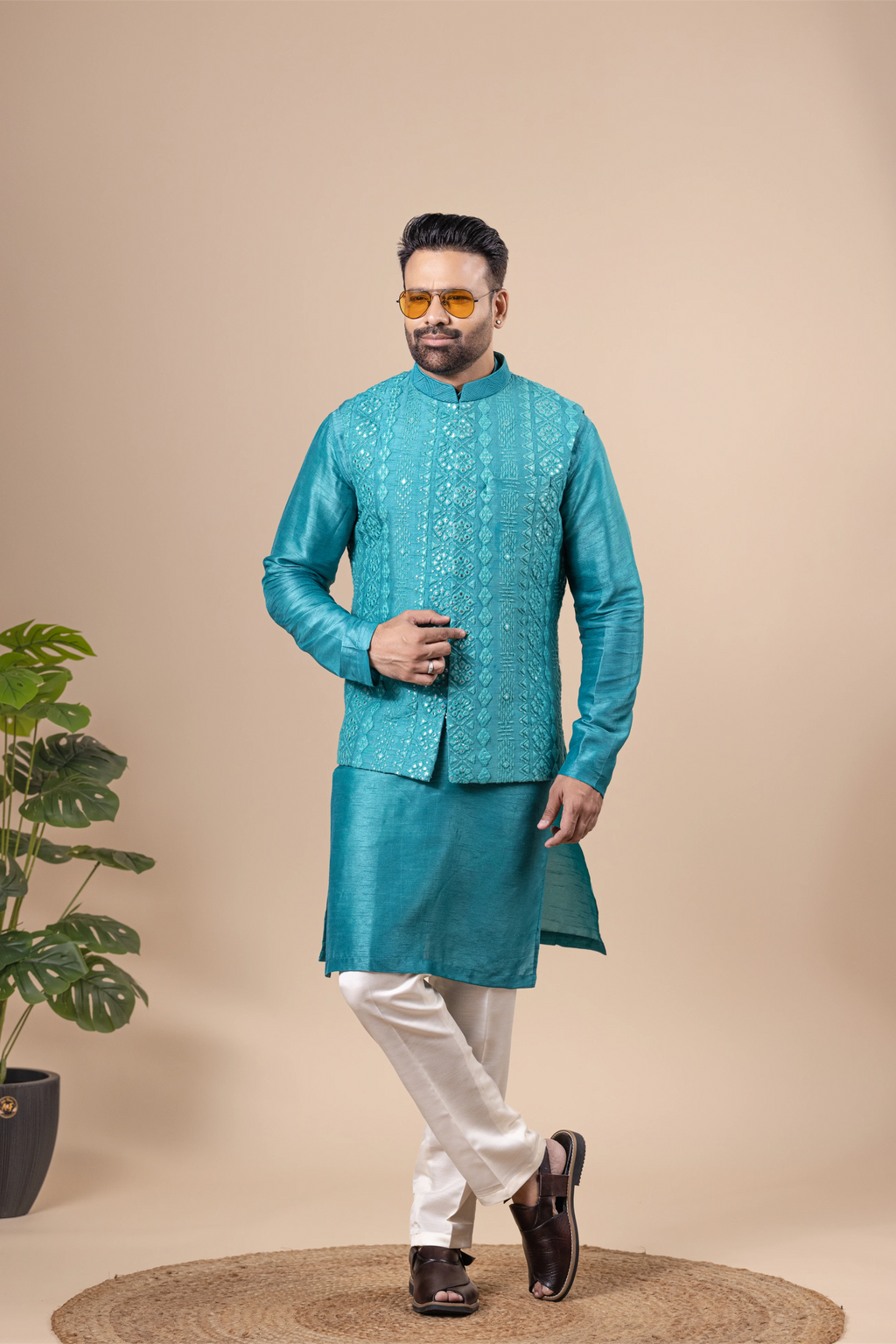 Teal Tonal Embroidered Vest & Kurta Set