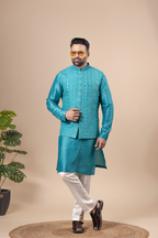 Teal Tonal Embroidered Vest & Kurta Set