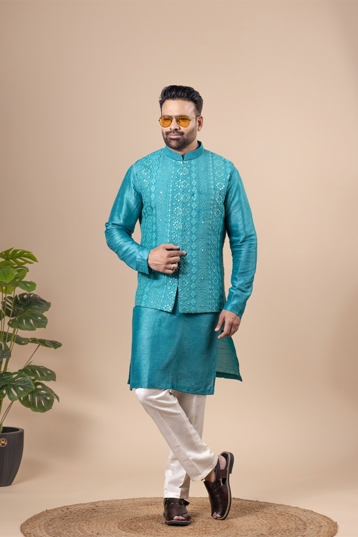 Teal Tonal Embroidered Vest & Kurta Set