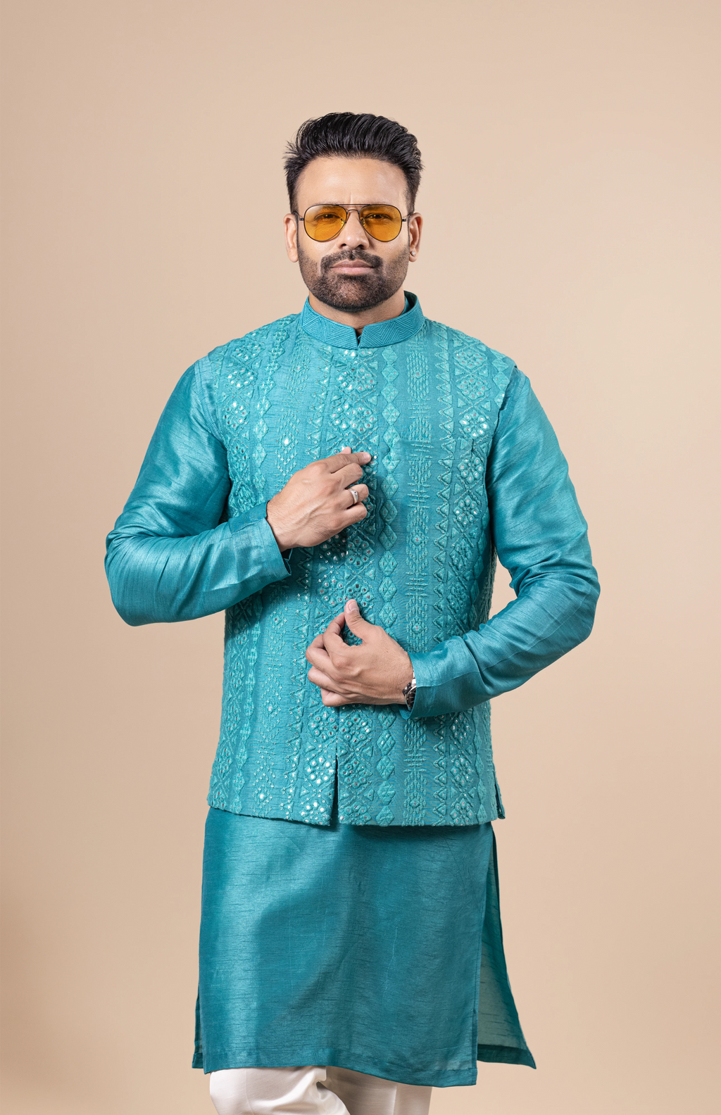 Teal Tonal Embroidered Vest & Kurta Set