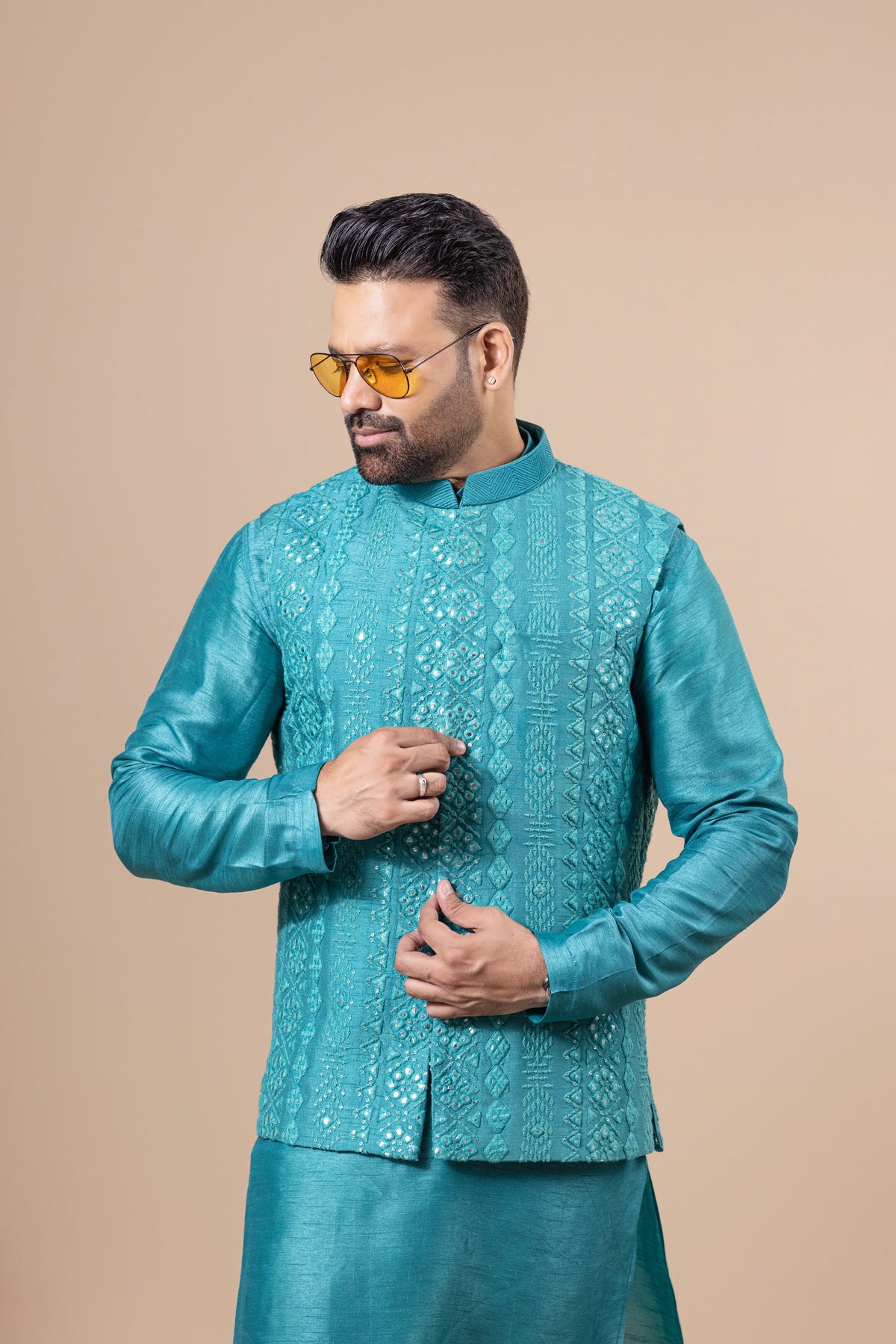 Teal Tonal Embroidered Vest & Kurta Set