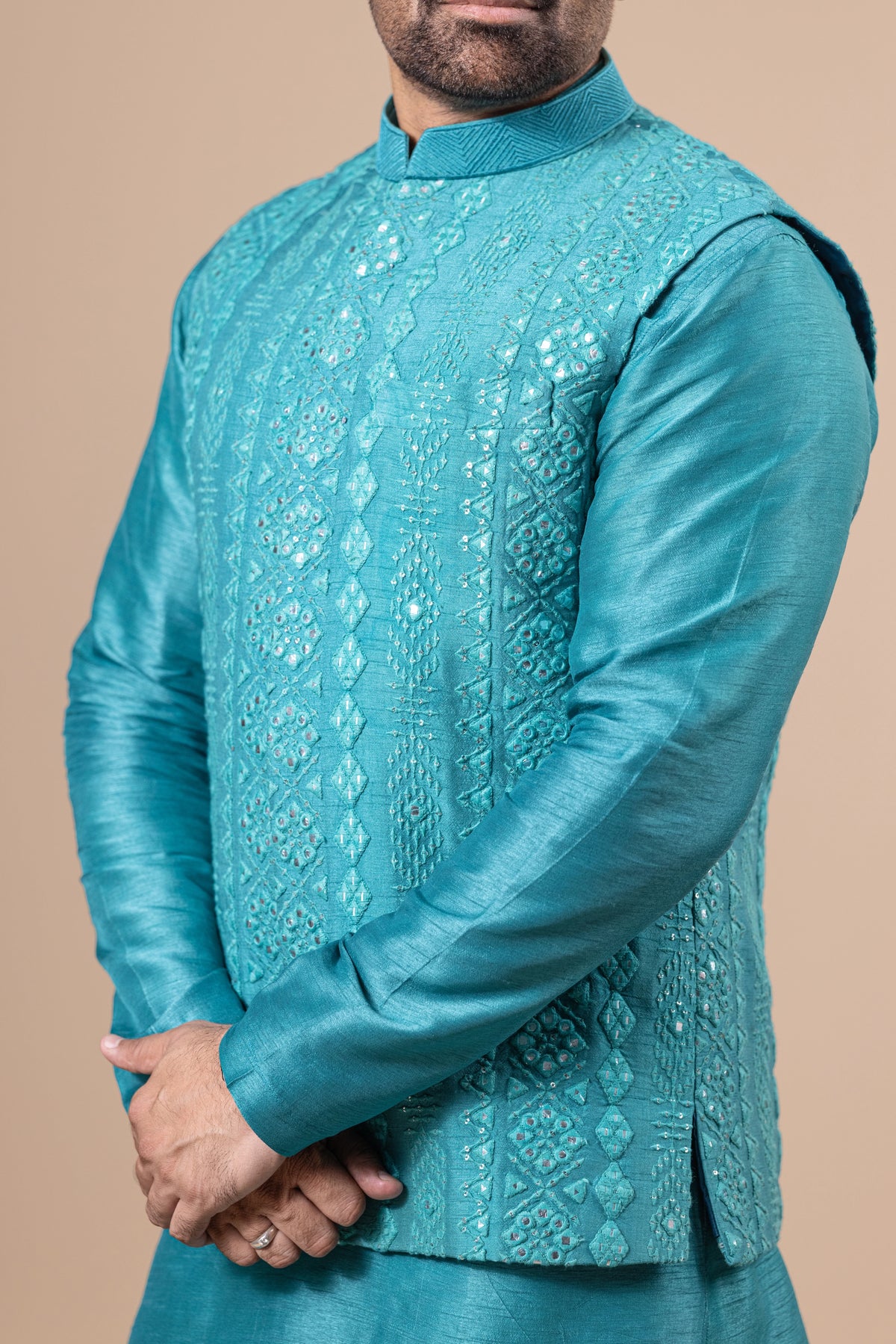 Teal Tonal Embroidered Vest & Kurta Set