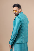 Teal Tonal Embroidered Vest & Kurta Set