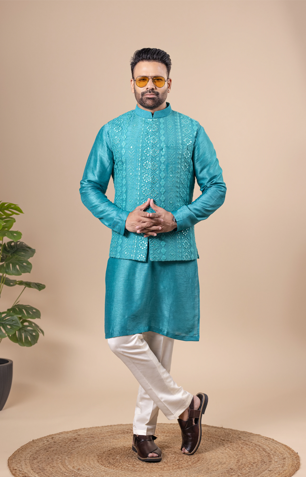 Teal Tonal Embroidered Vest & Kurta Set