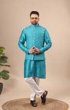 Teal Tonal Embroidered Vest & Kurta Set
