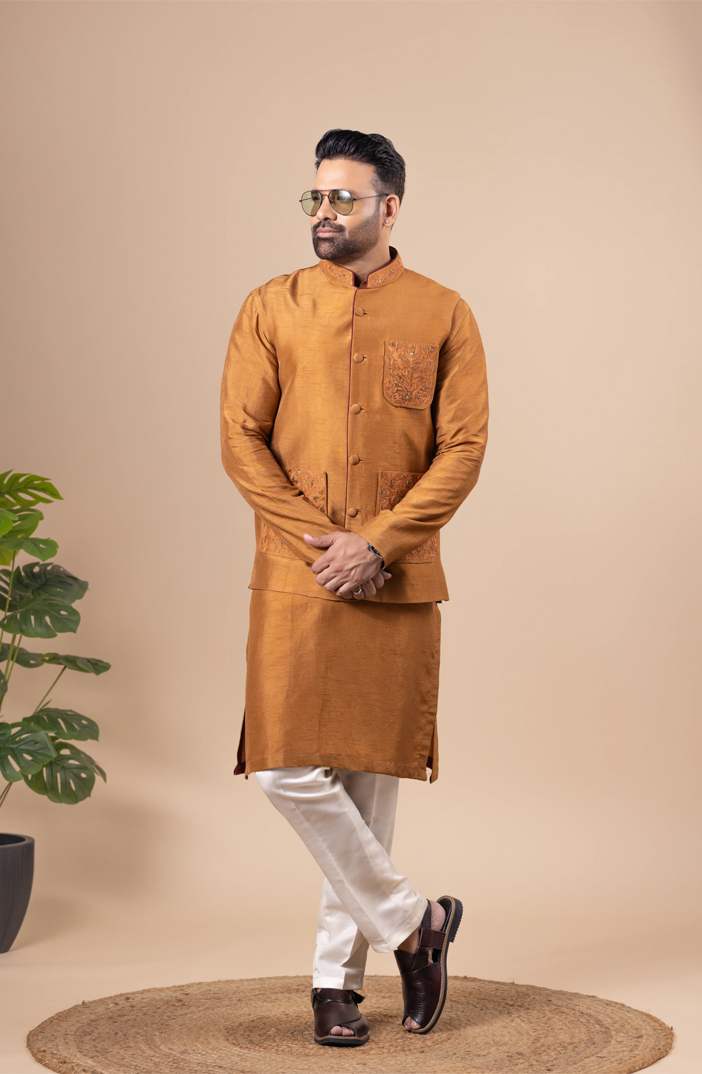 Copper Embroidered Pocket Vest & Kurta Set