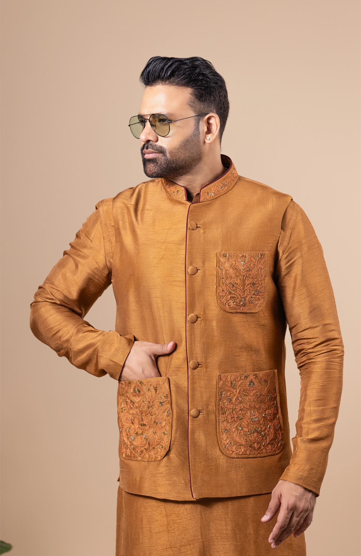 Copper Embroidered Pocket Vest & Kurta Set