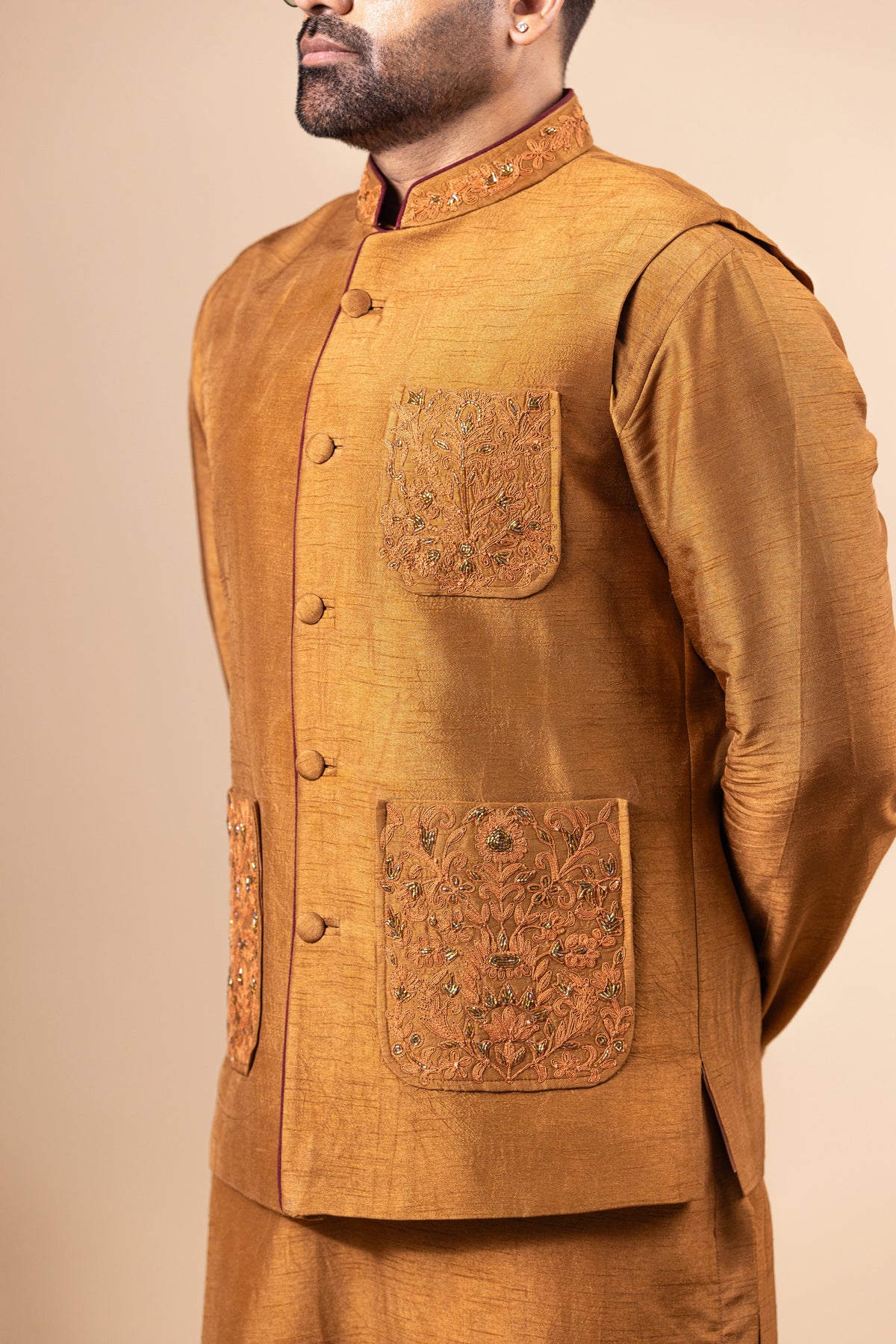Copper Embroidered Pocket Vest & Kurta Set