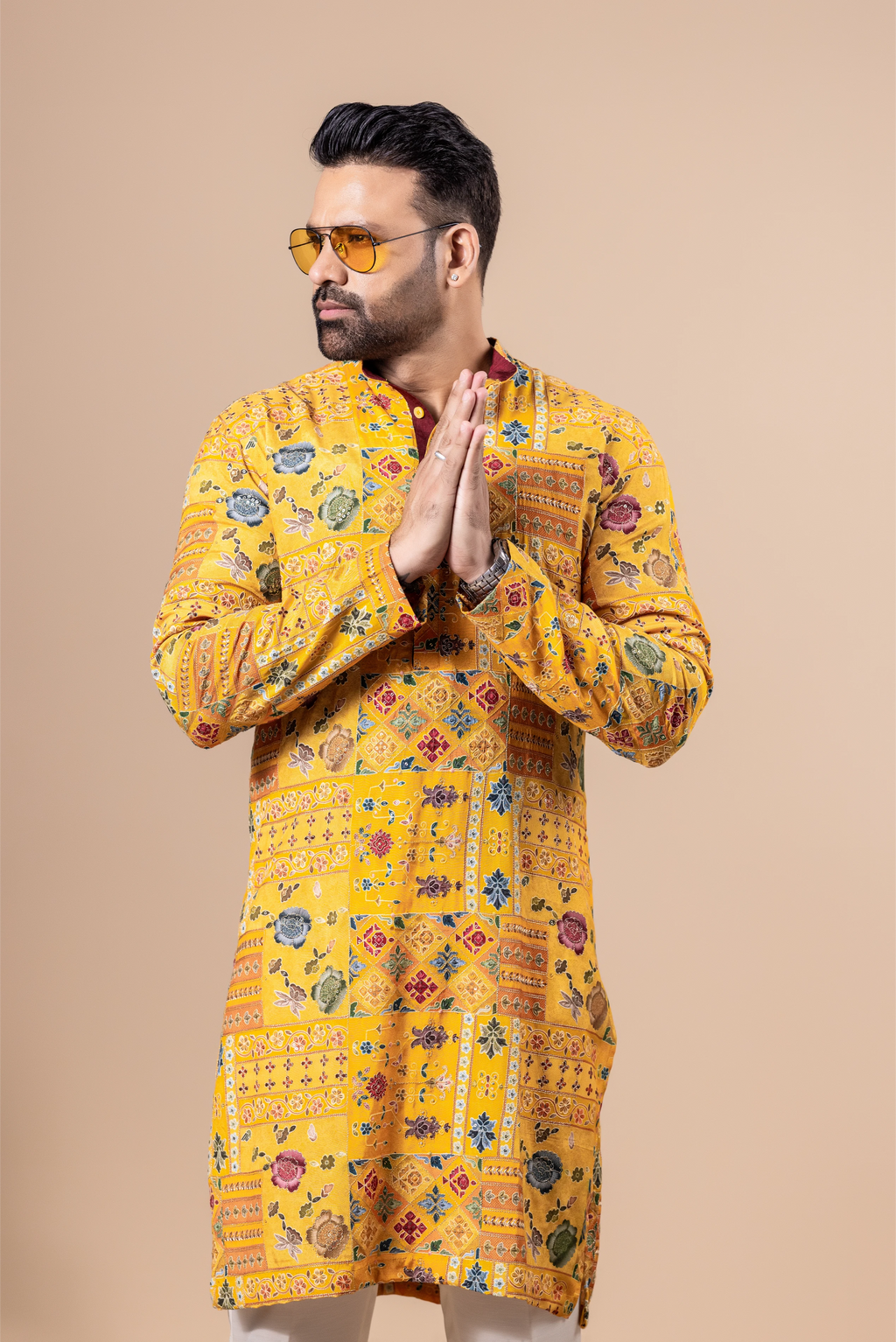 Mustard Patchwork Floral Kurta Set
