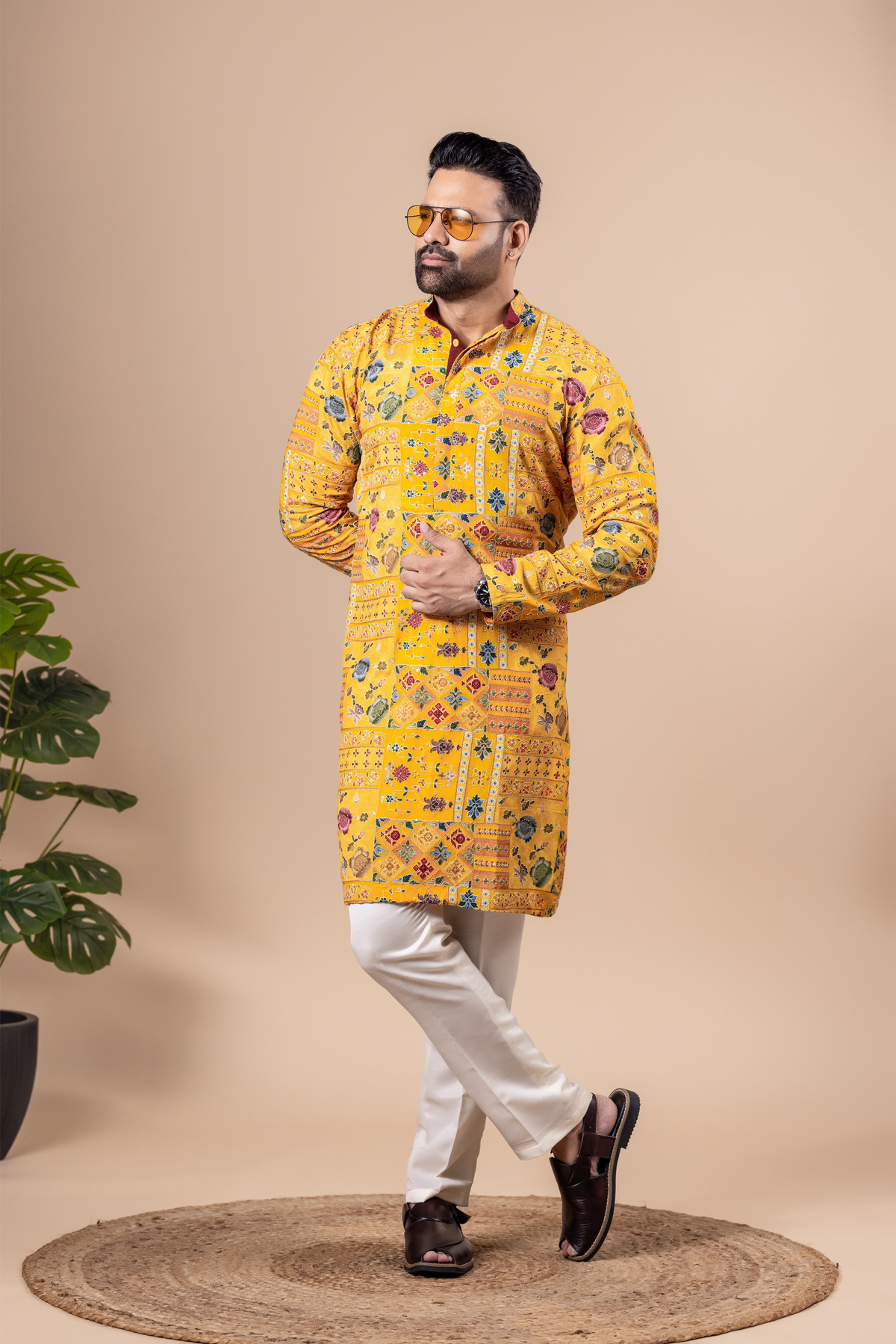Mustard Patchwork Floral Kurta Set