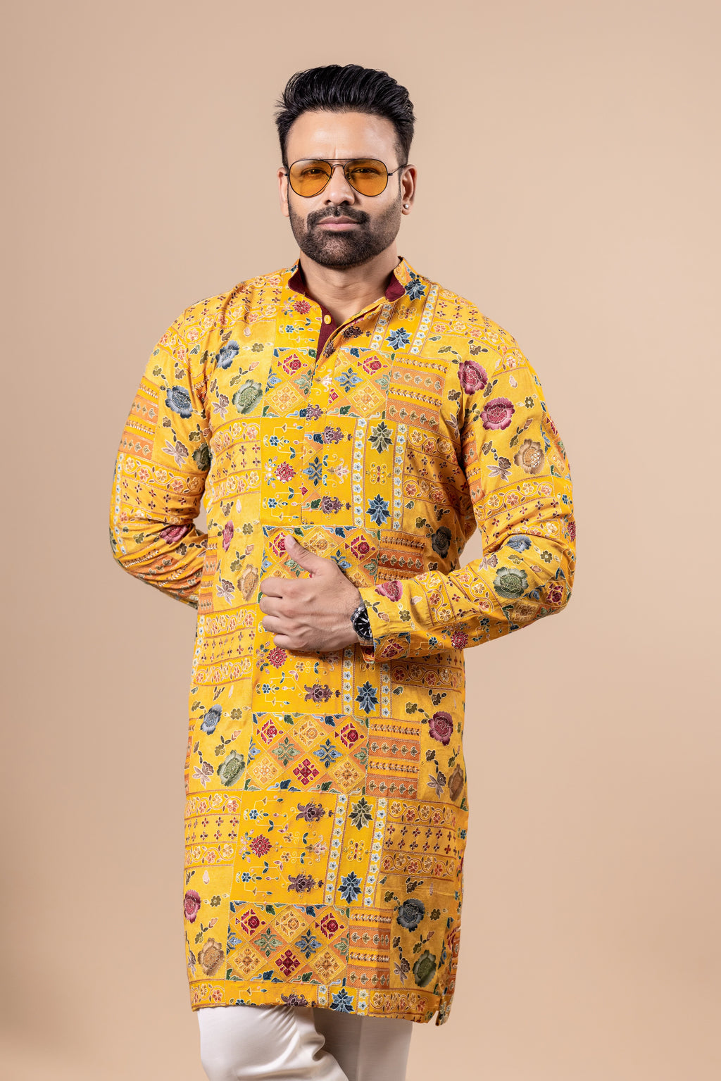 Mustard Patchwork Floral Kurta Set