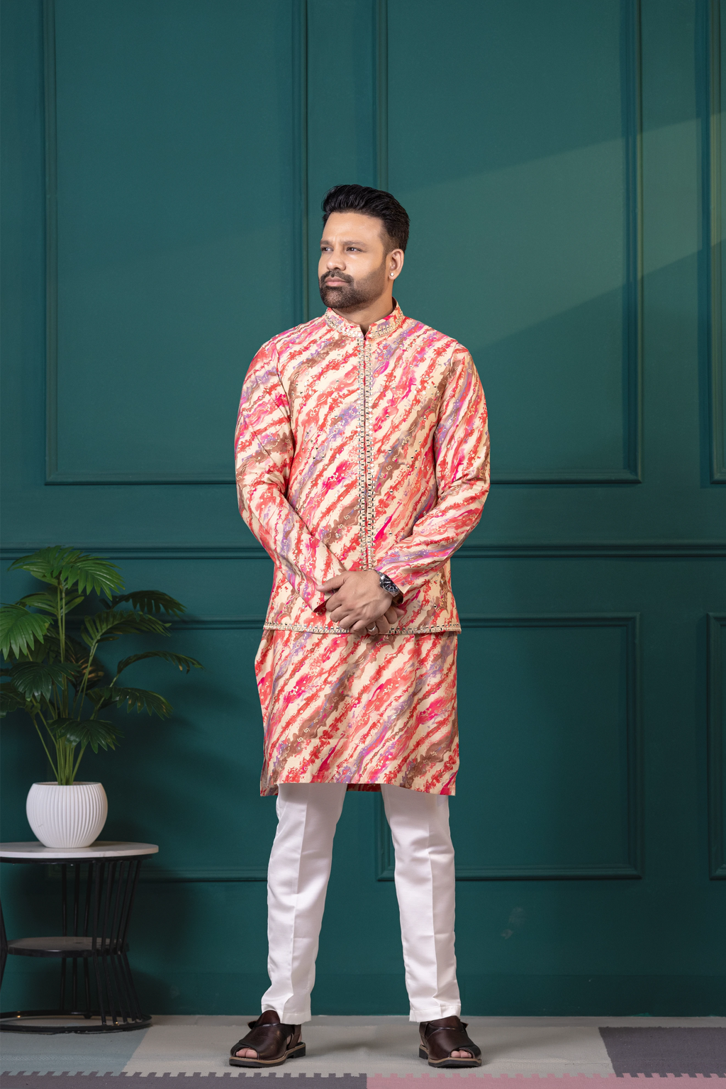 Coral Brushstroke Vest & Kurta Set