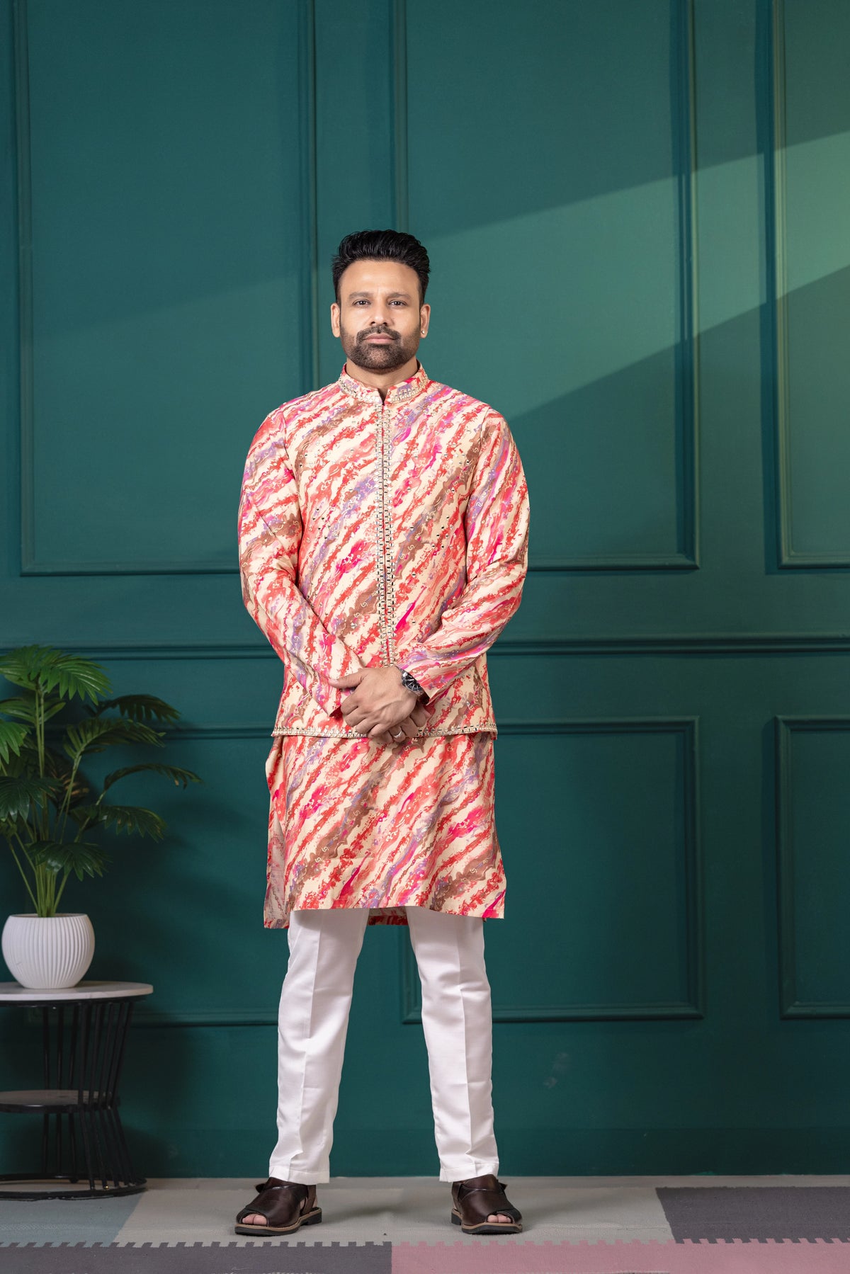 Coral Brushstroke Vest & Kurta Set