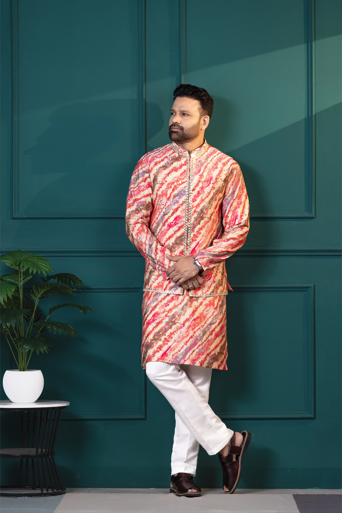 Coral Brushstroke Vest & Kurta Set