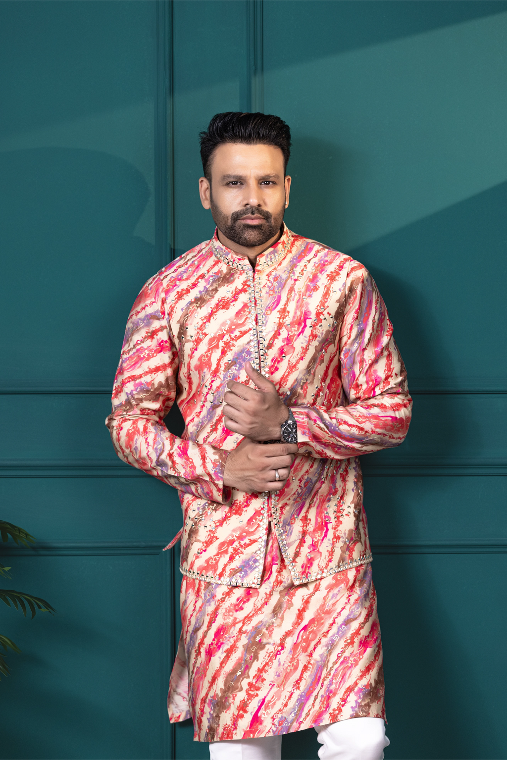 Coral Brushstroke Vest & Kurta Set