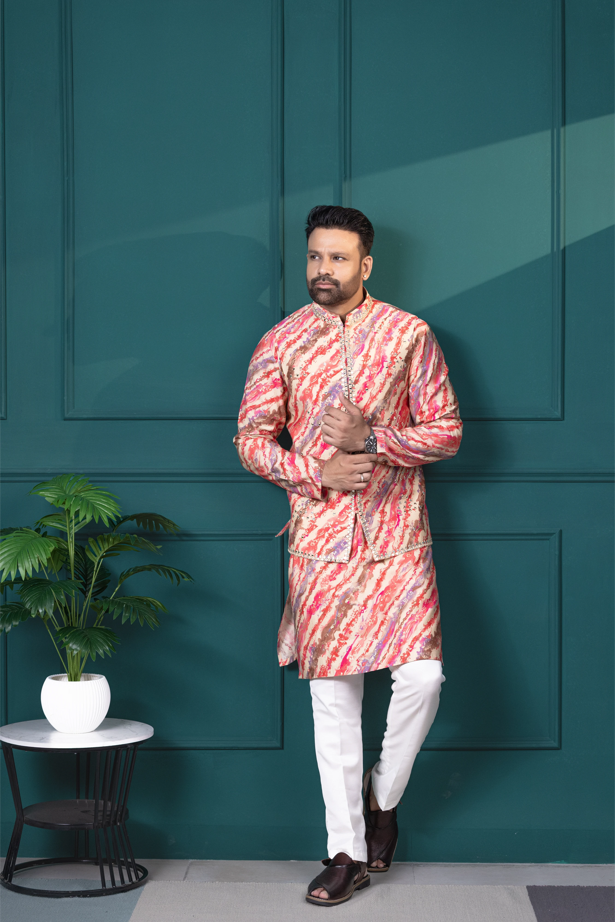 Coral Brushstroke Vest & Kurta Set