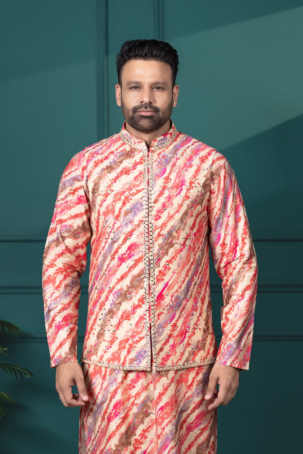 Coral Brushstroke Vest & Kurta Set