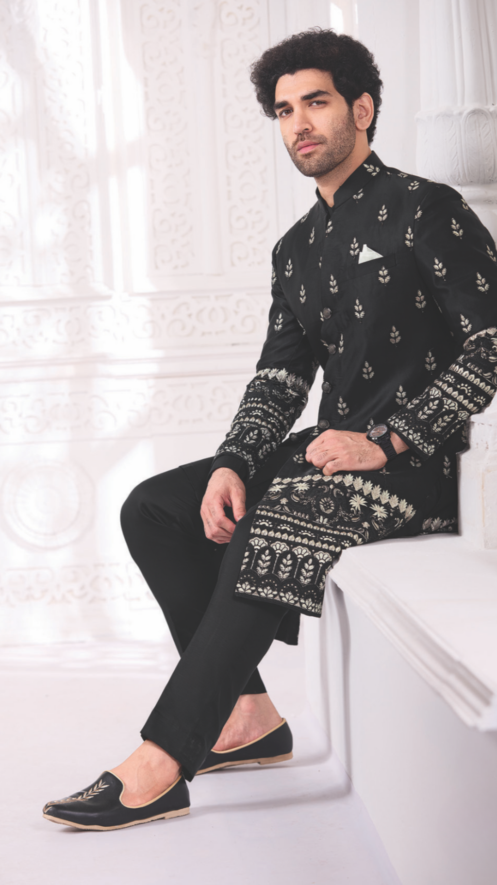 Black Leaf Pattern Indo-Western Set