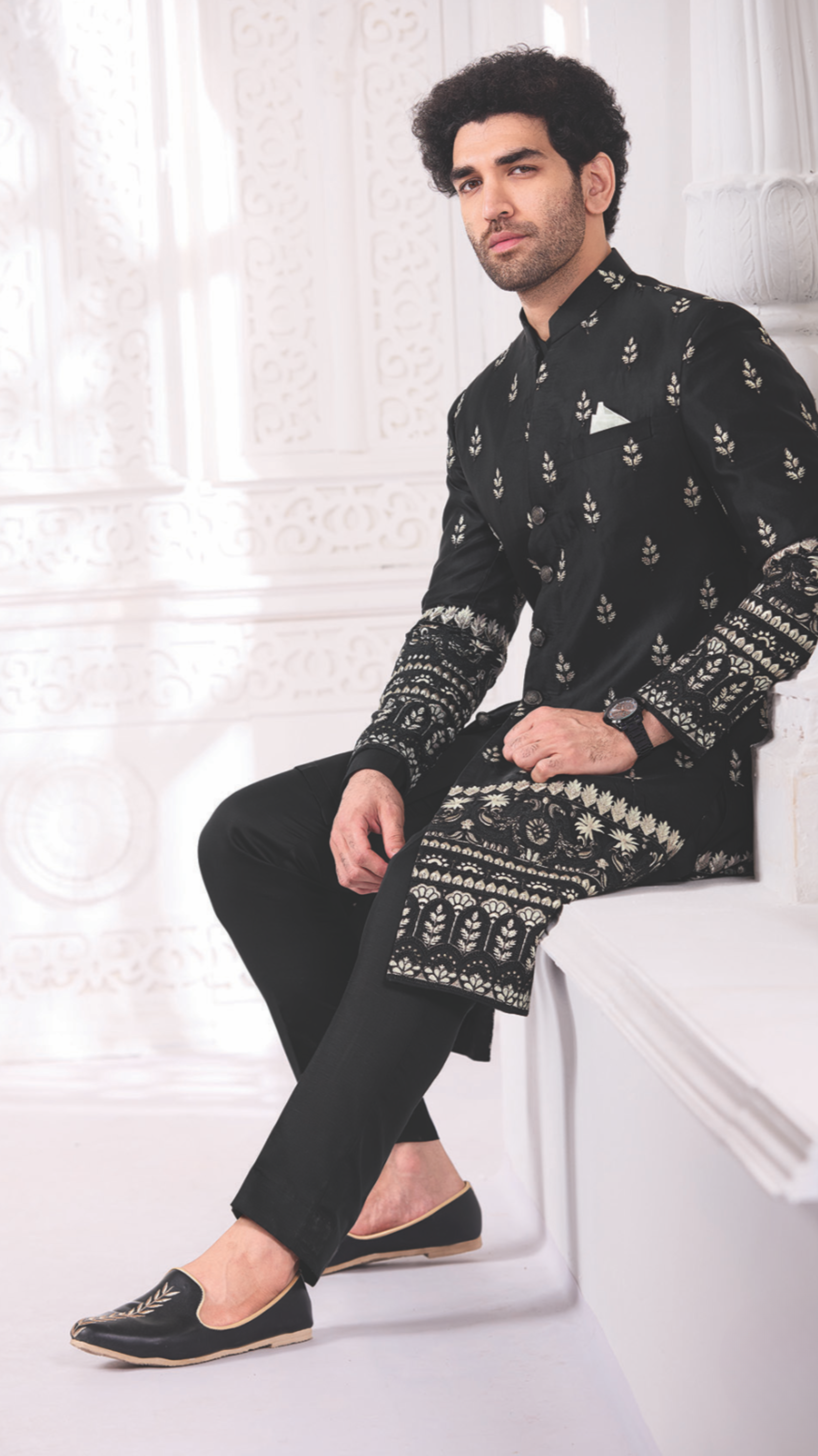 Black Leaf Pattern Indo-Western Set