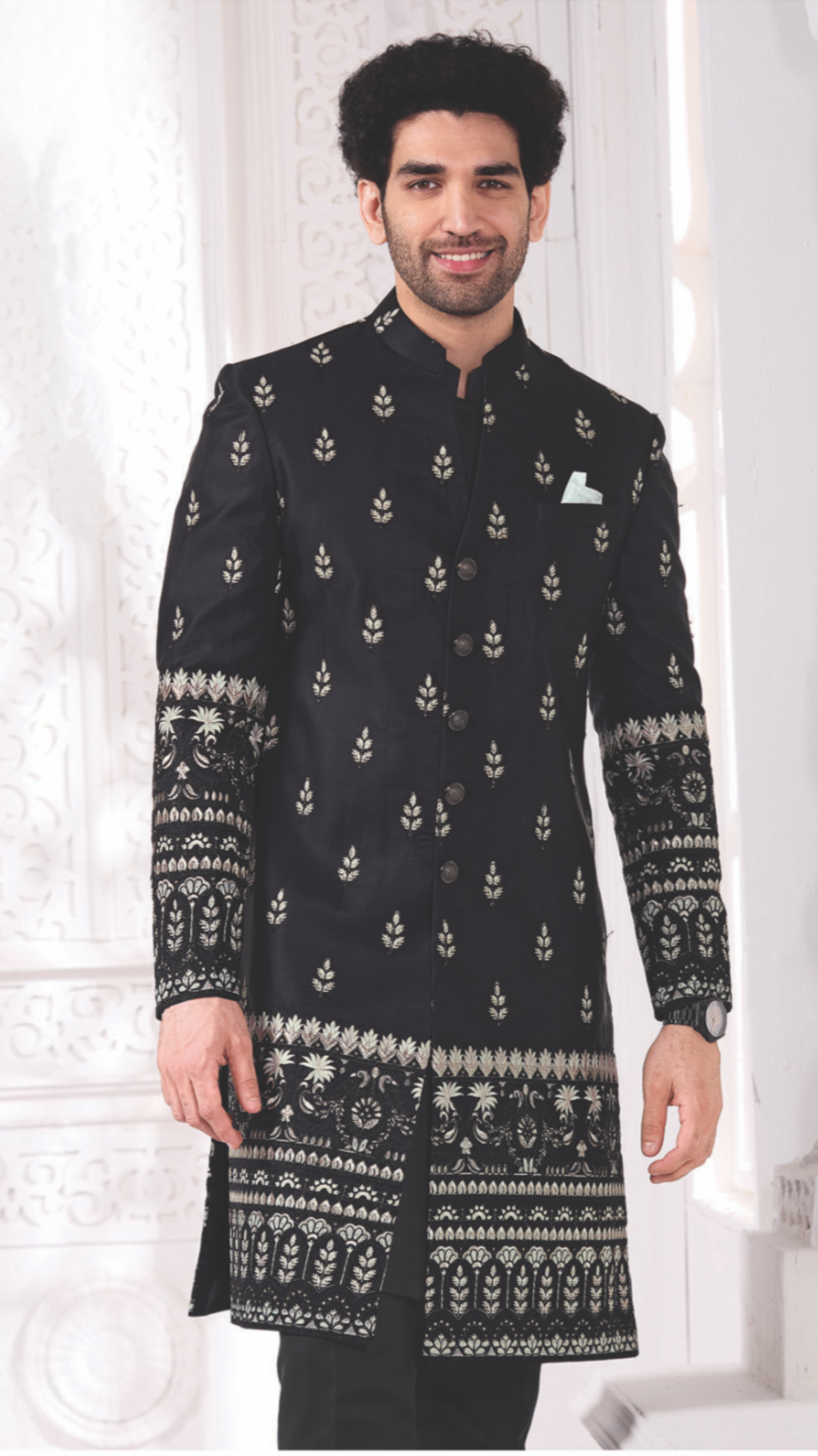 Black Leaf Pattern Indo-Western Set