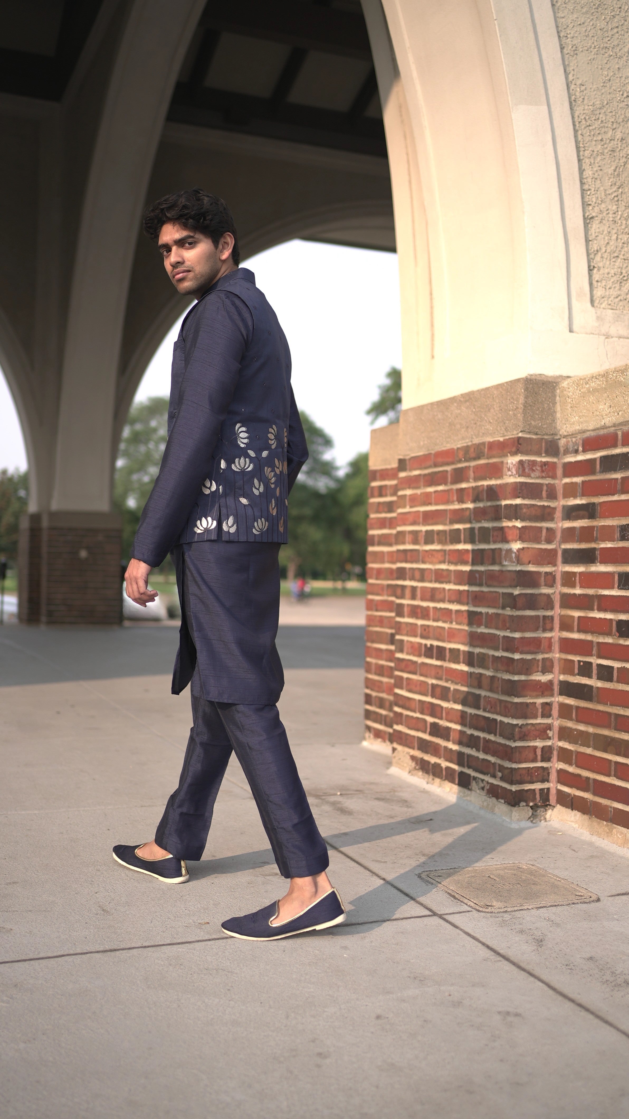Navy Floral Vest and Kurta Set