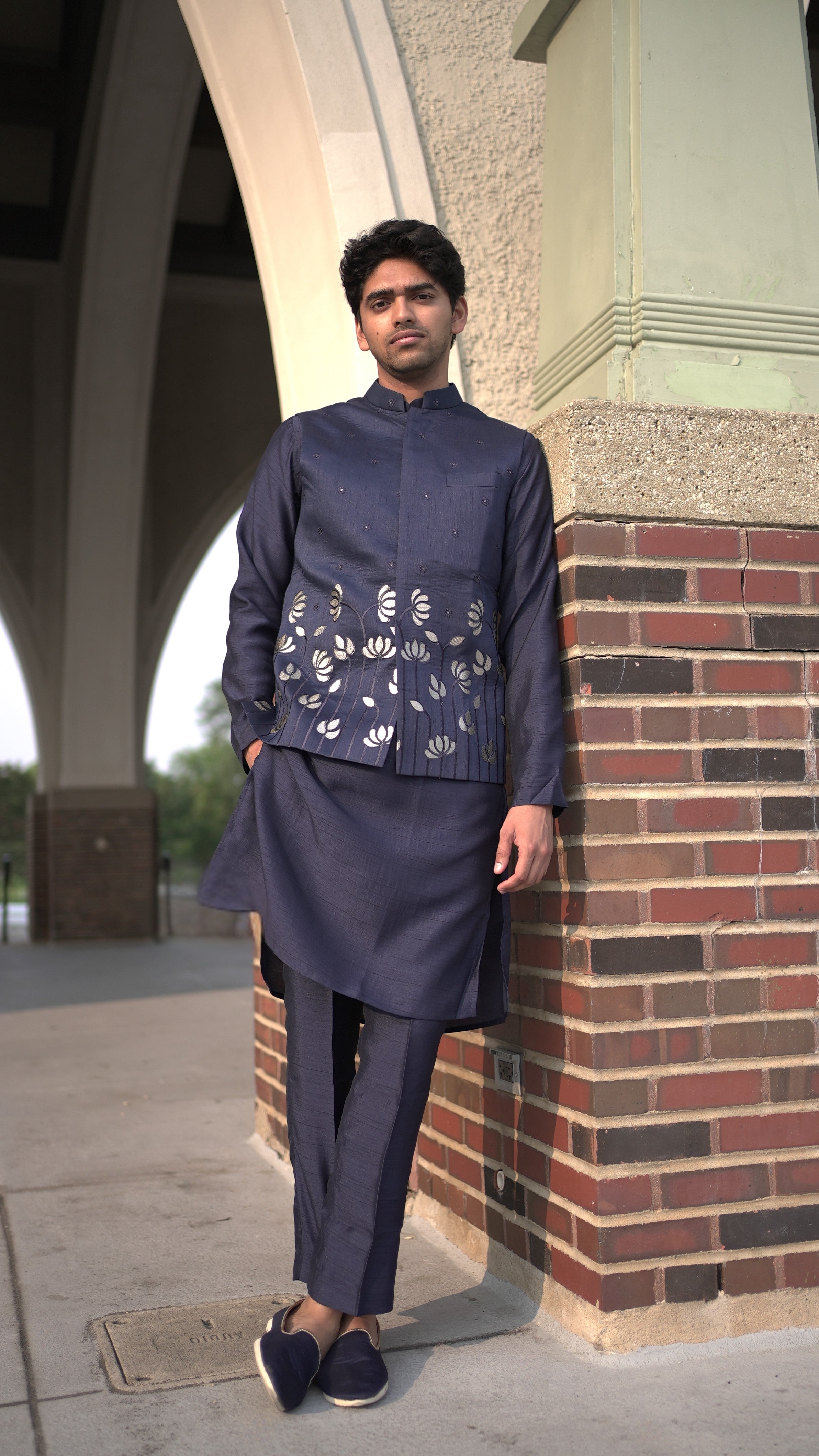 Navy Floral Vest and Kurta Set