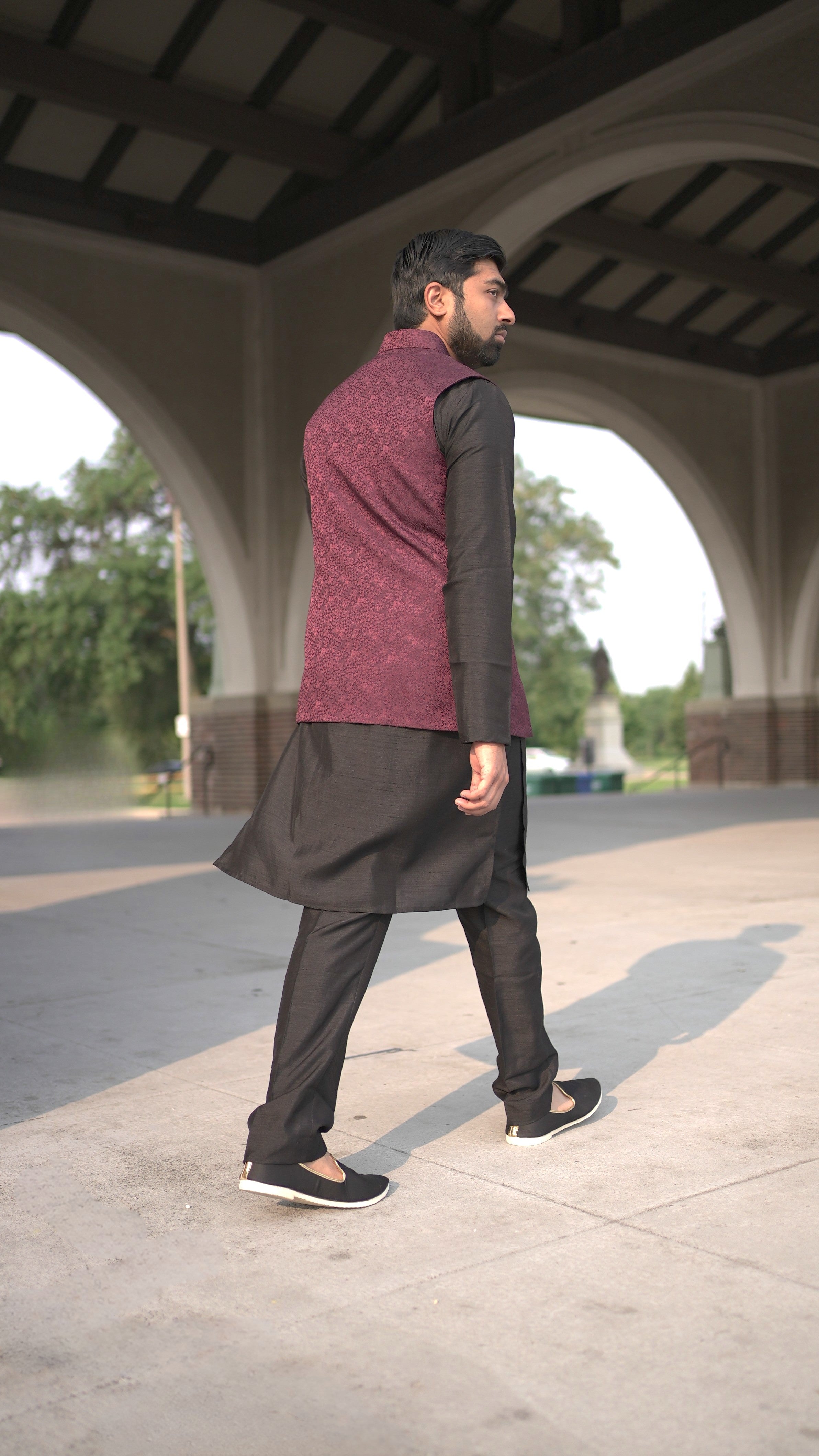 Maroon Vest and Black Kurta Set