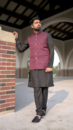 Maroon Vest and Black Kurta Set