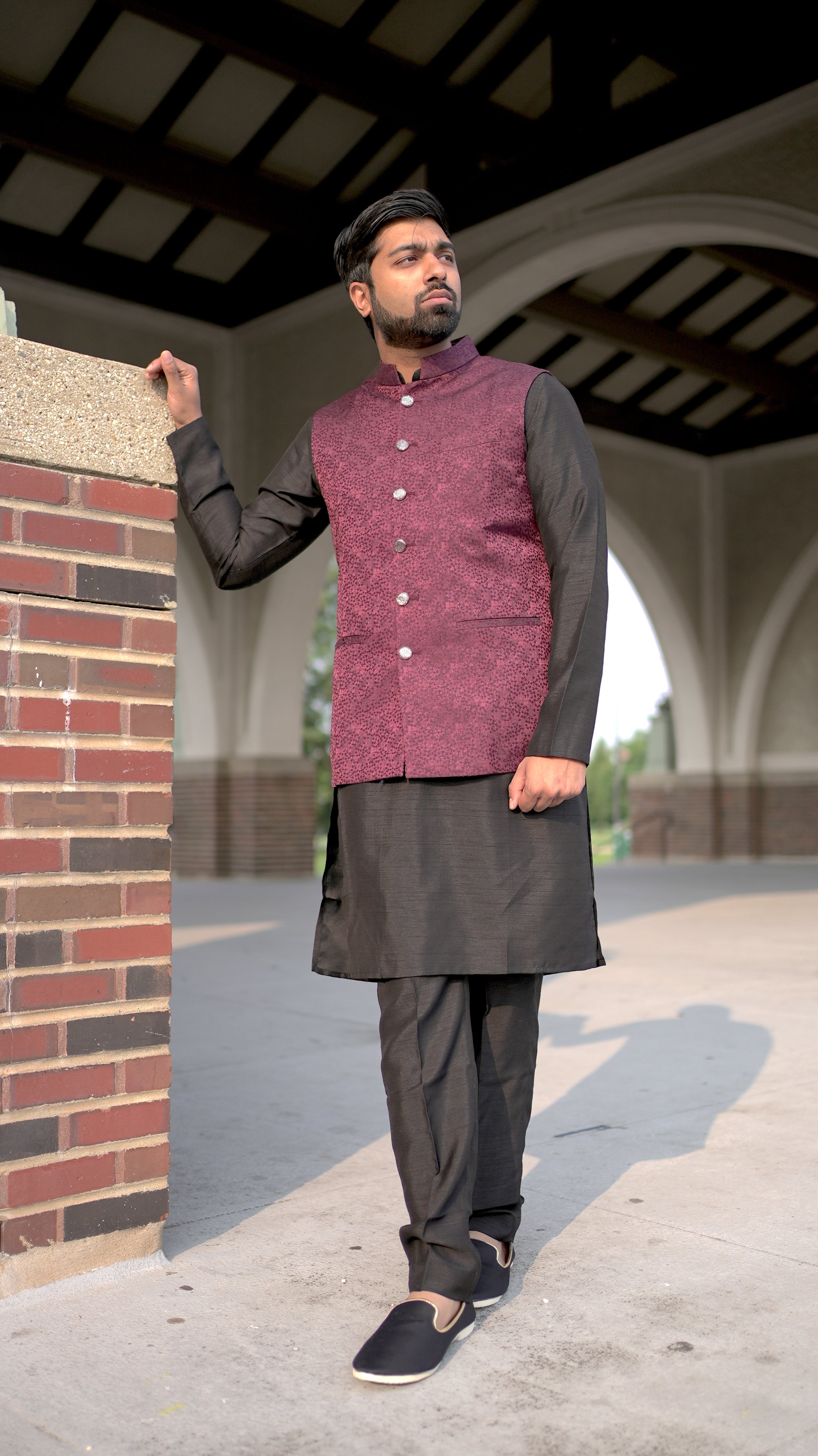 Maroon Vest and Black Kurta Set