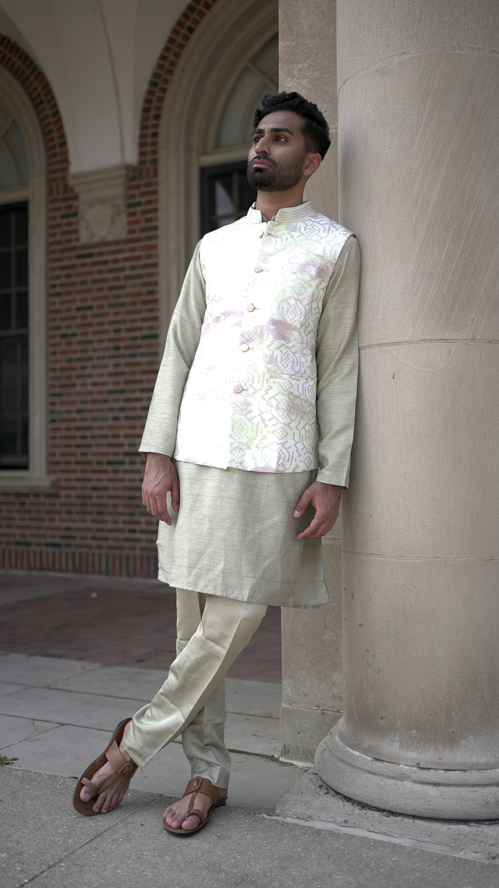 Sequined Vest and Green Kurta Set