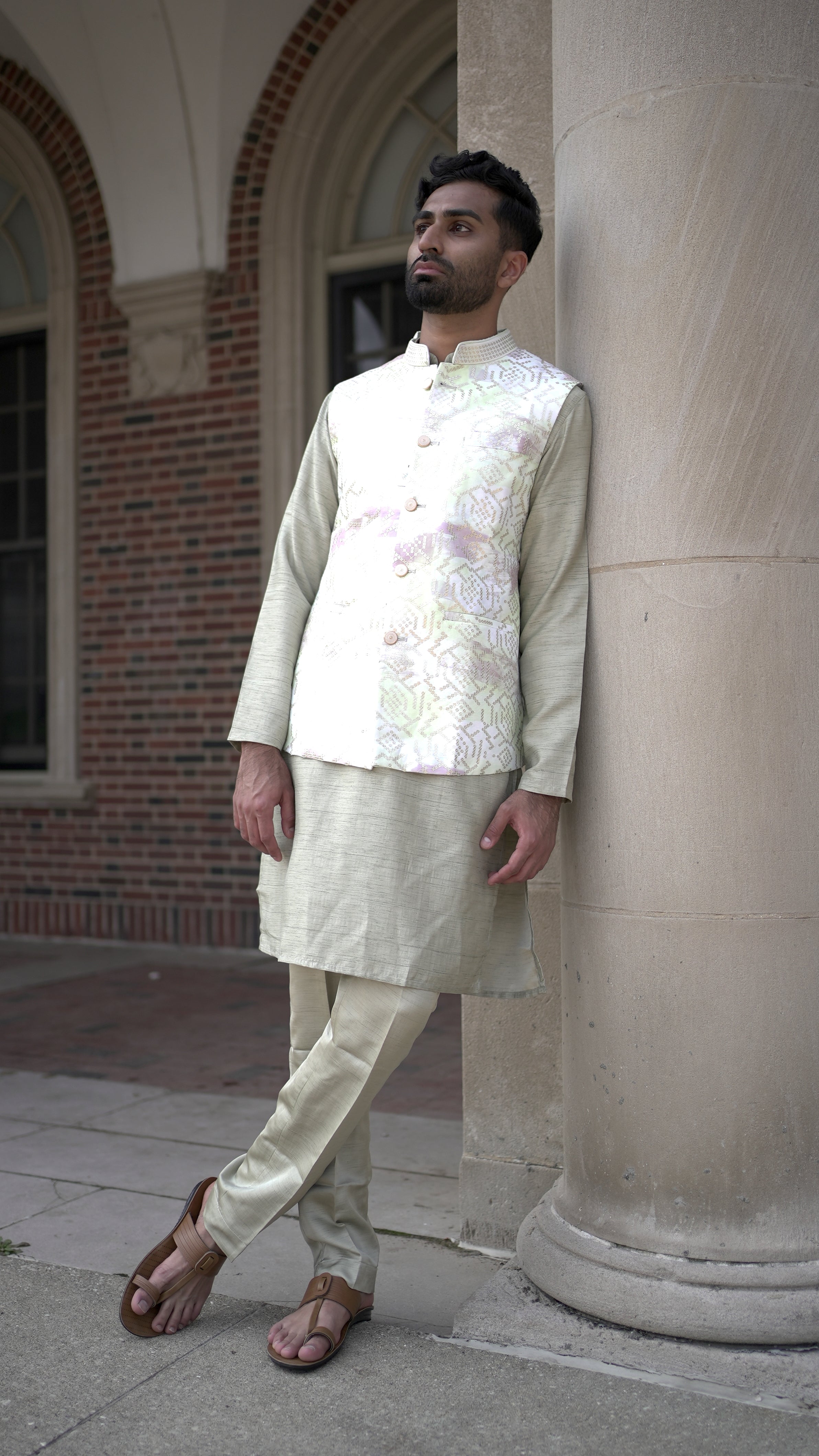 Sequined Vest and Green Kurta Set