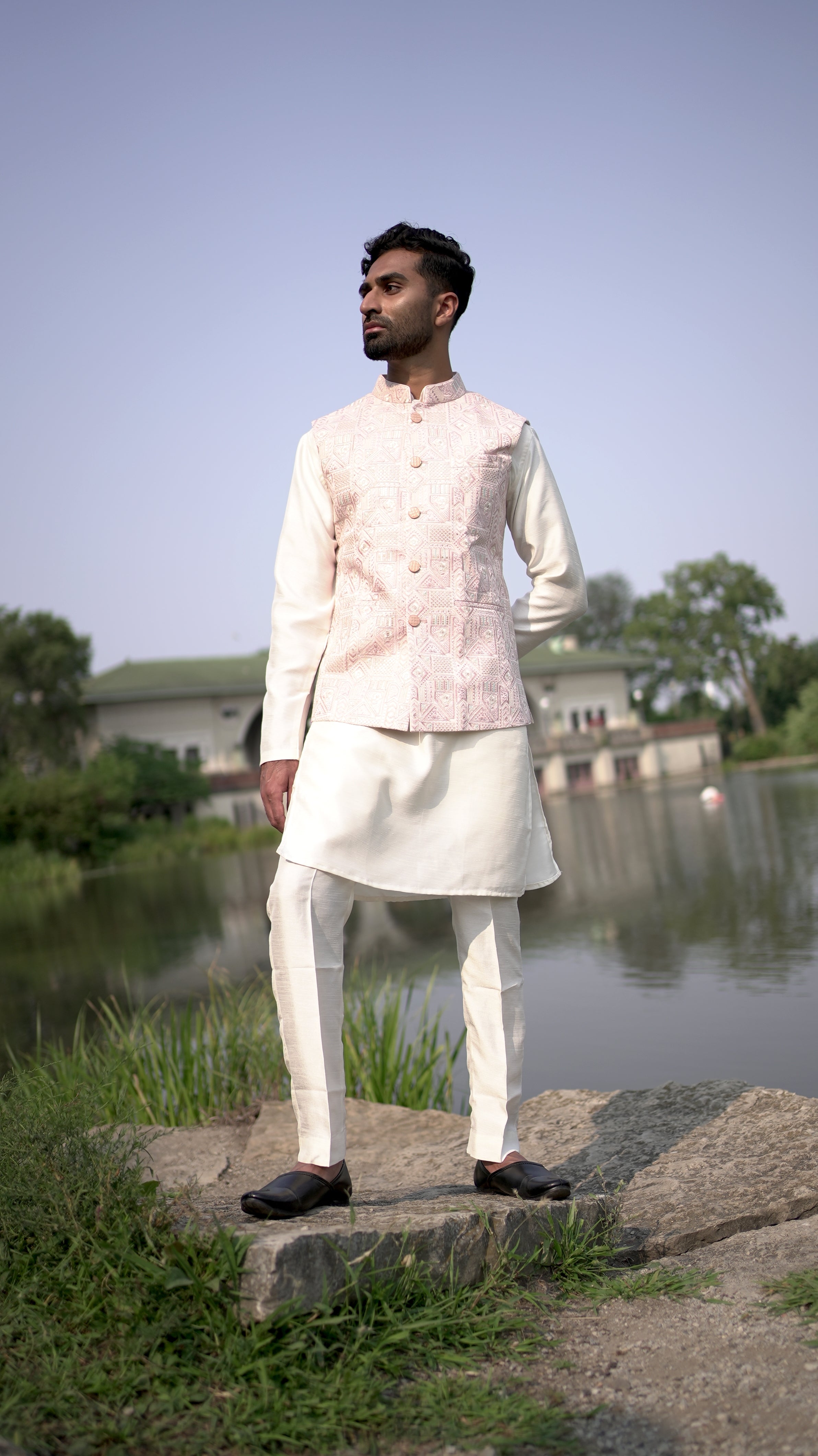 Pink Pattern Vest and Kurta Set