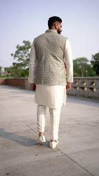 Green Embroidered Vest and Kurta Set